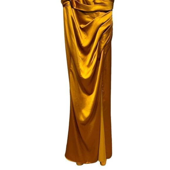 Revolve Mac Duggal Ieena SATIN SLEEVELESS FAUX WRAP RUCHED GOWN in Marigold - Picture 11 of 12